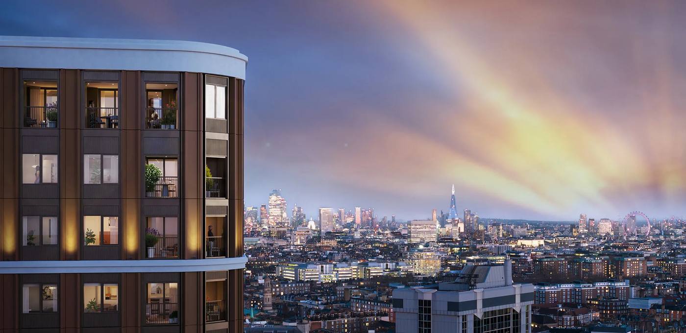 Prime residential tower with terraces above the London skyline at dusk