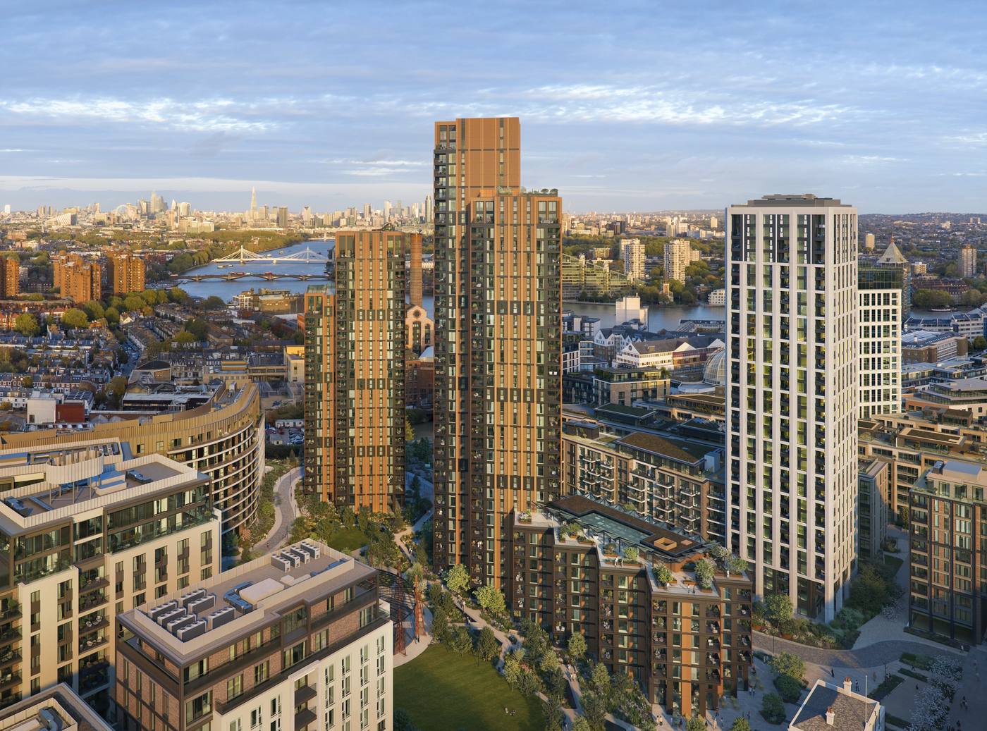 Landmark riverside development with the London skyline beyond